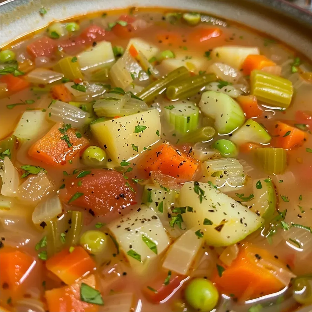 Vista lateral de un tazón de sopa de verduras con ingredientes frescos.