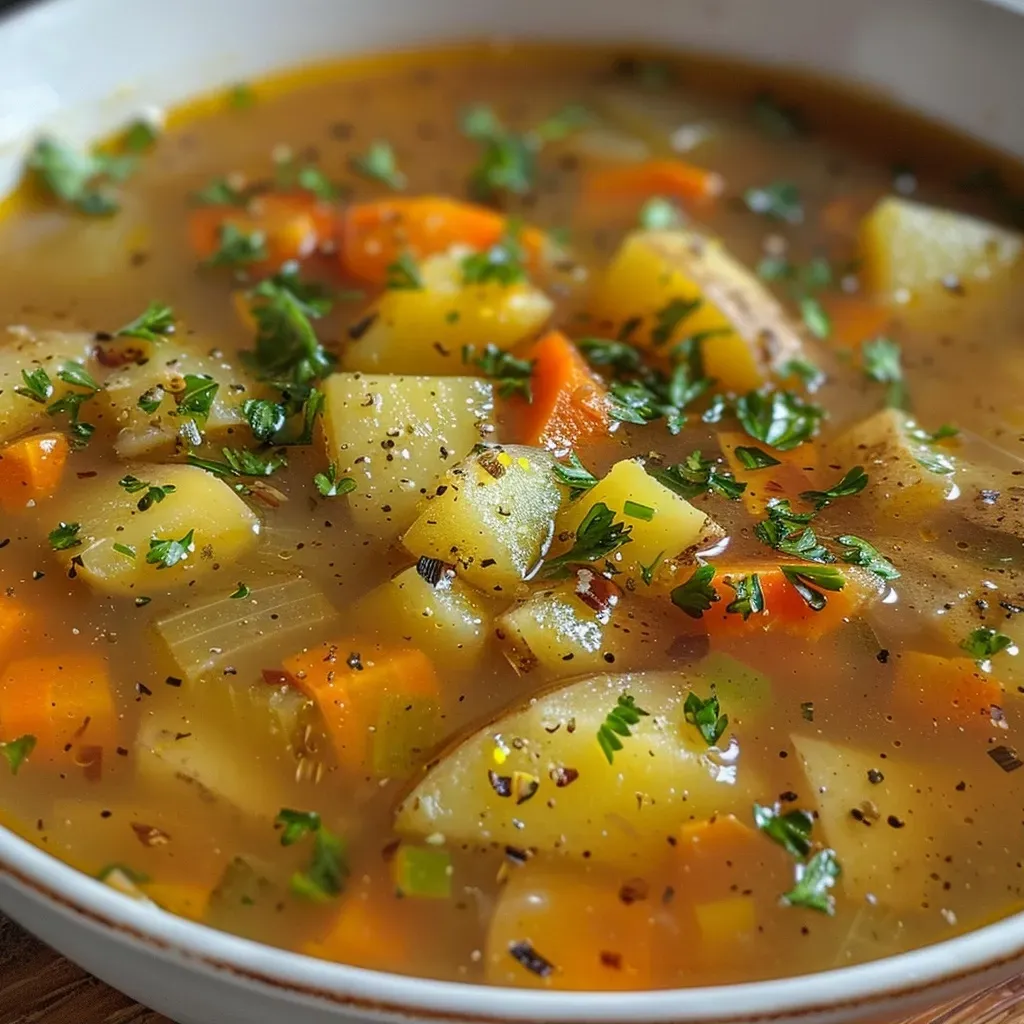 Primer plano de sopa de zanahoria y papa en un tazón.
