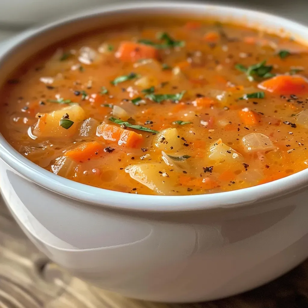 Sopa de zanahoria y papa servida en un cuenco blanco, con un fondo de mesa de madera.