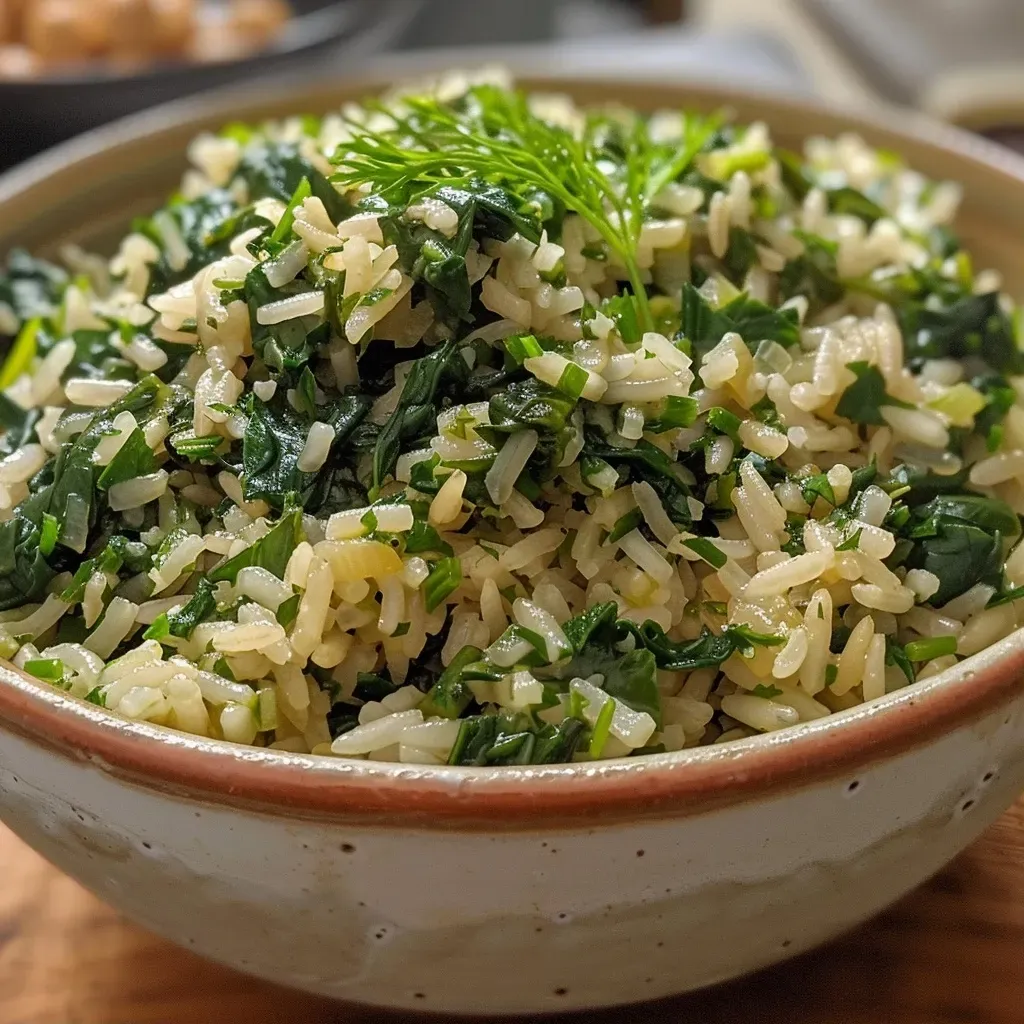 Primer plano de un plato de Spanakorizo, arroz con espinacas, con hierbas frescas.