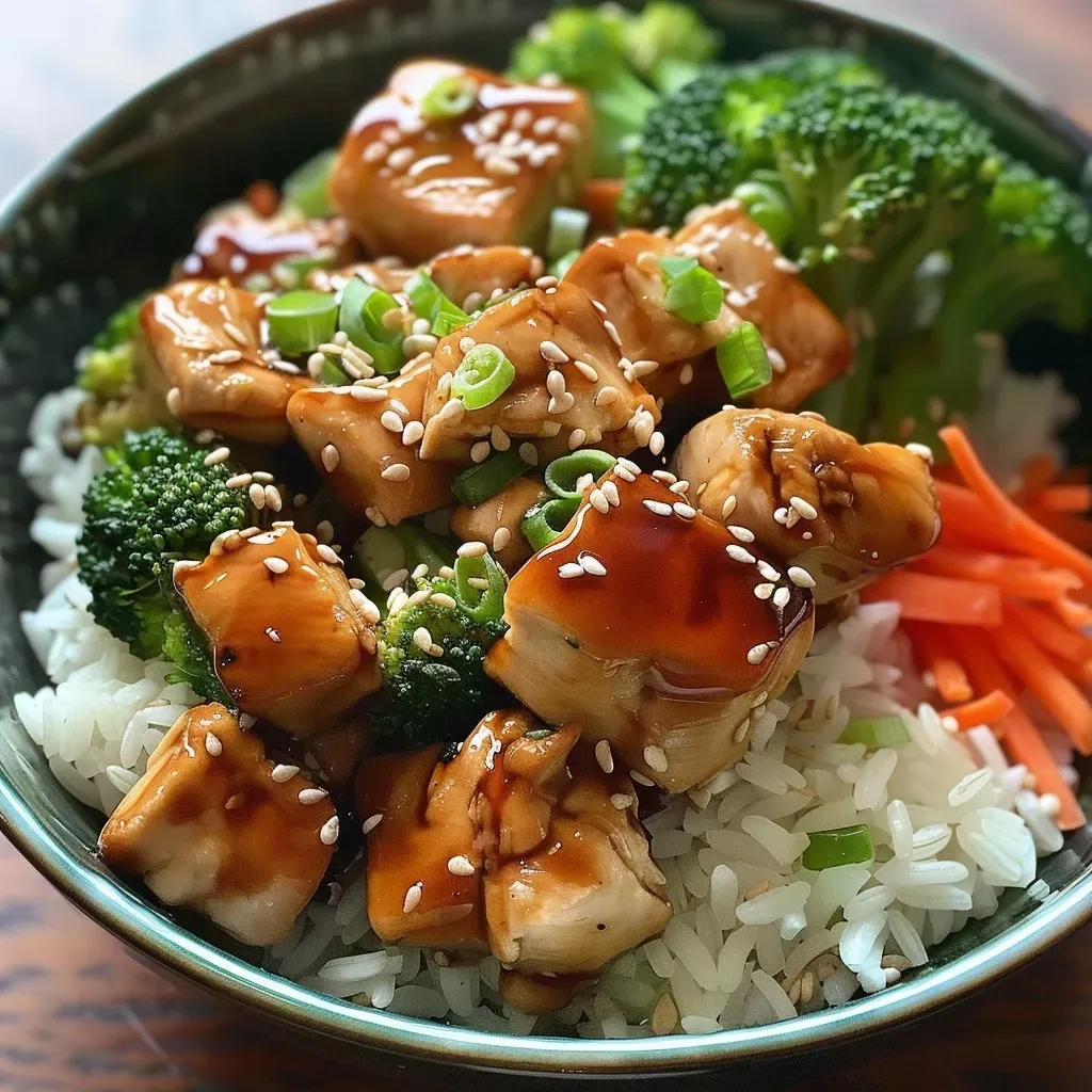 Tazón de pollo teriyaki con arroz y verduras, visto de lado.