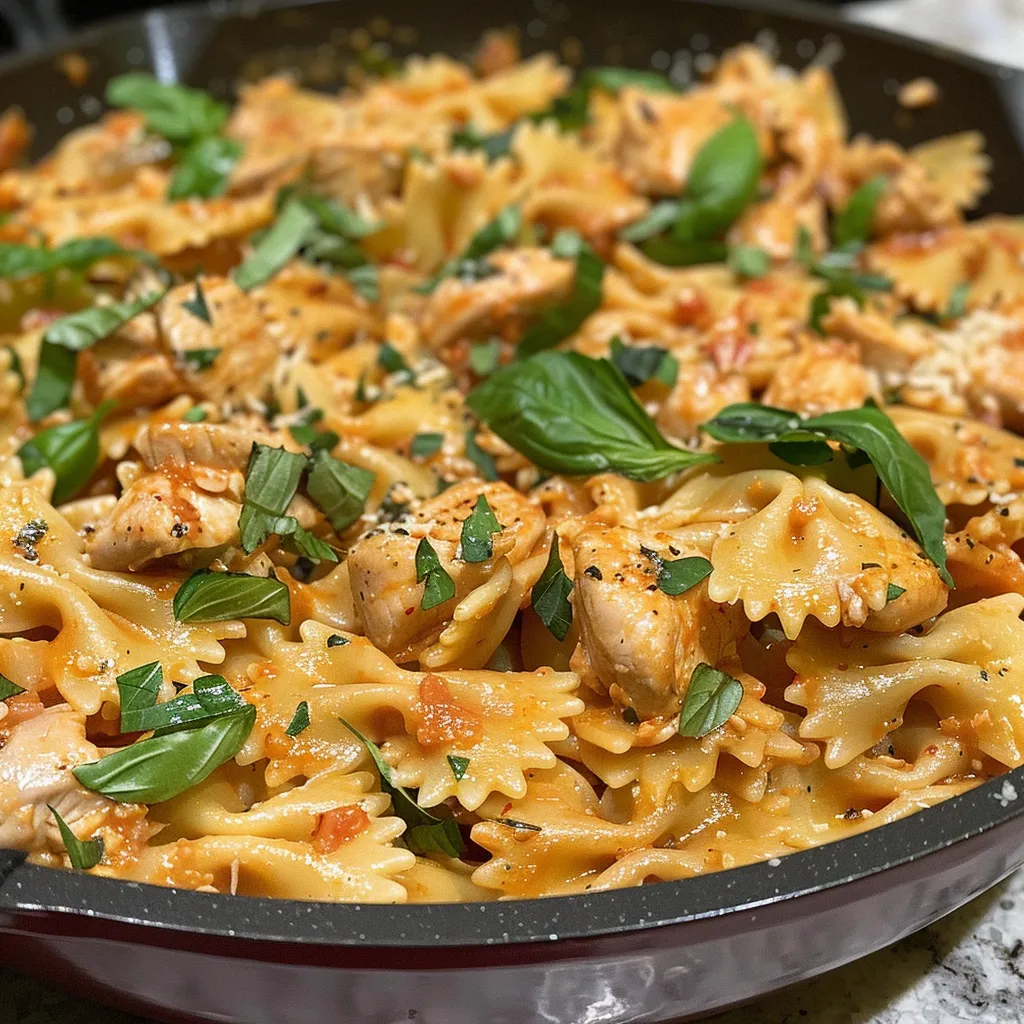 Primer plano de pasta rosada con salsa cremosa y pollo.