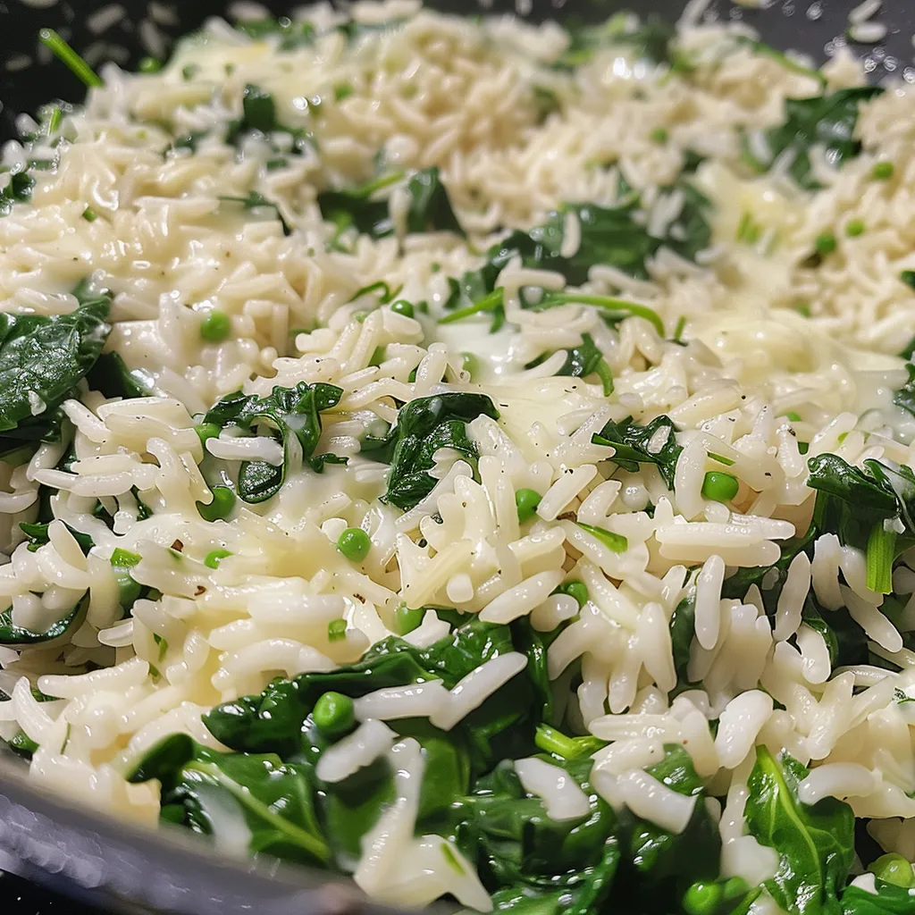 Primer plano de arroz con espinacas y queso, mostrando su textura cremosa y verde vibrante.