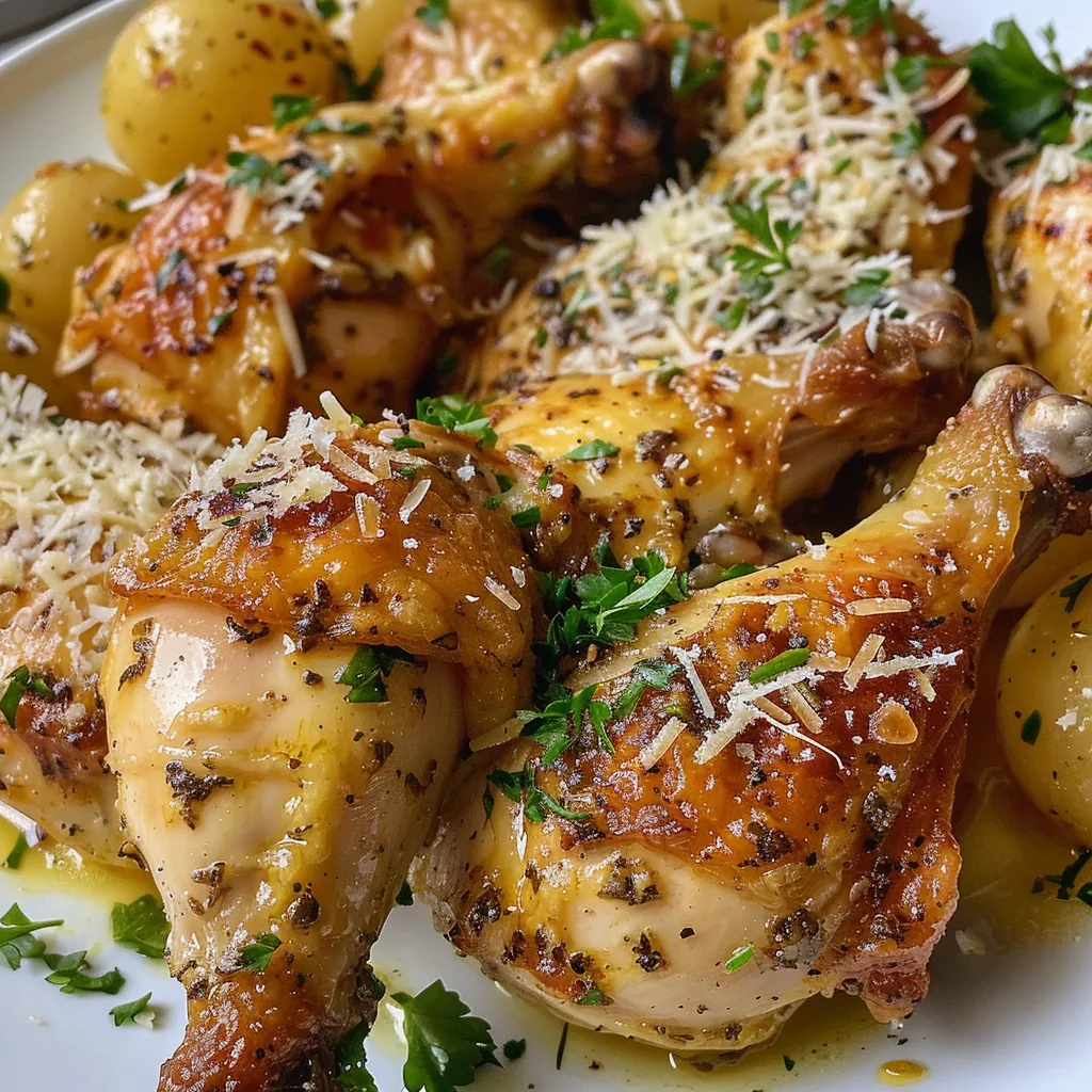 Primer plano de Pollo y Papas al Ajo y Parmesano, destacando el queso derretido y el ajo.