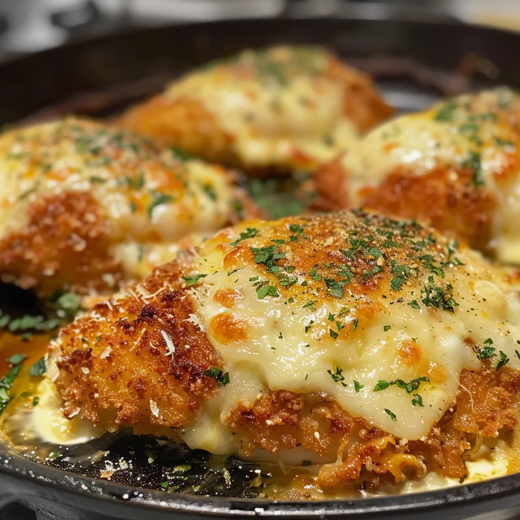 Plato de Pollo a la Parmesana servido con salsa de tomate y queso.