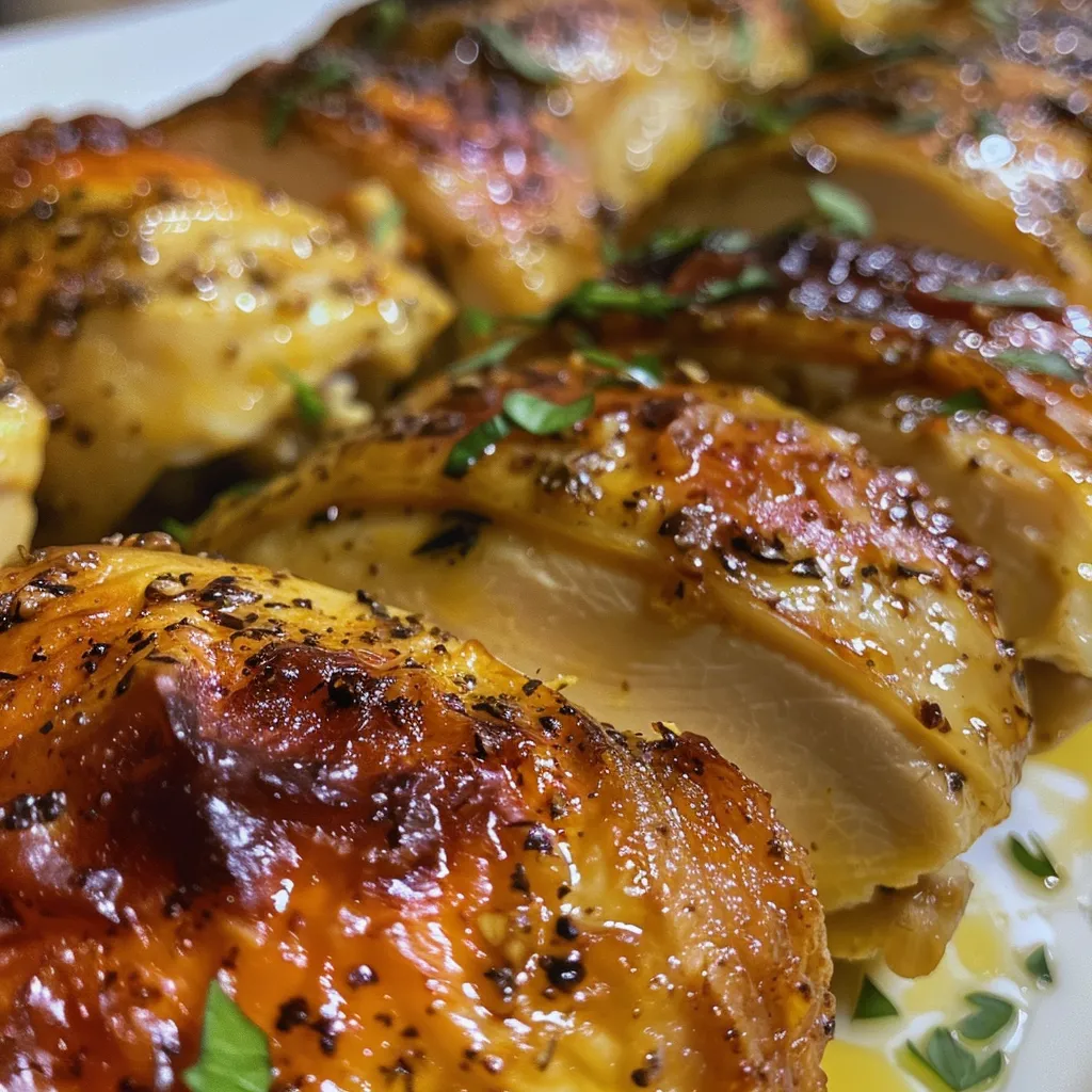 Vista lateral de pechugas de pollo glaseadas con mostaza y miel.