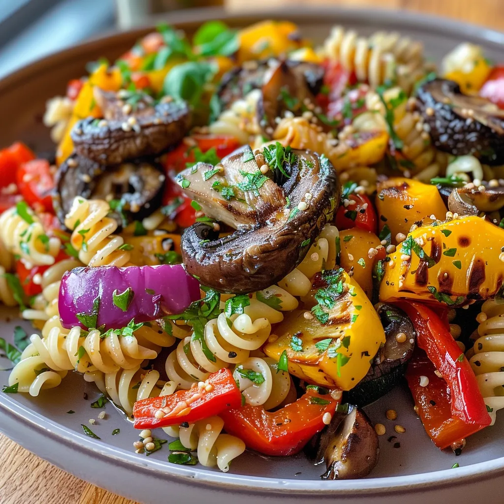 Primer plano de una ensalada de pasta con tomates y albahaca fresca.