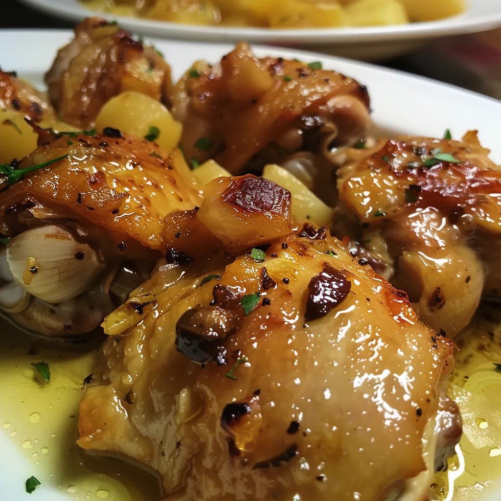 Pollo jugoso glaseado con soja y miel, visto de lado.