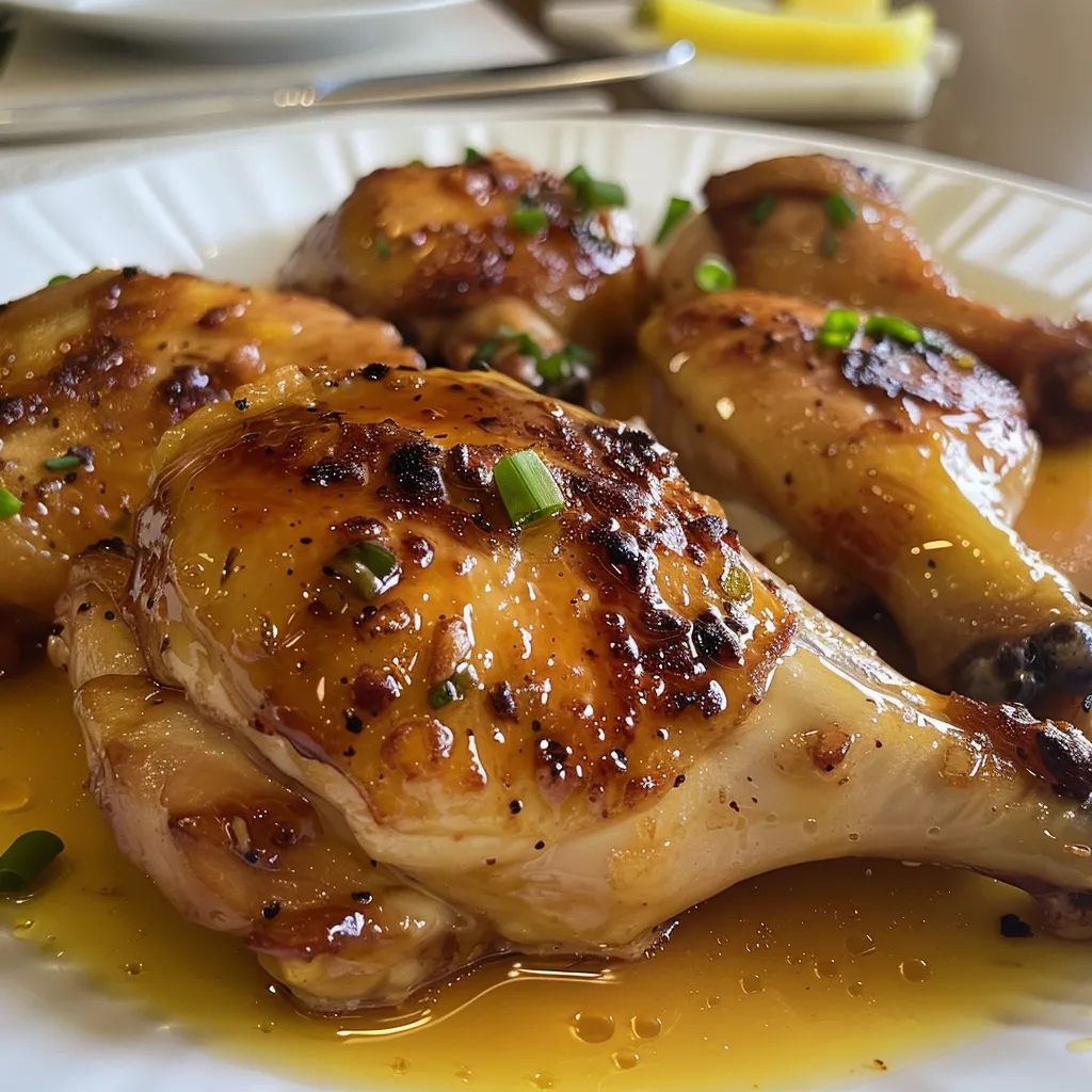 Pechugas de pollo glaseadas con miel y mostaza, en un plato.