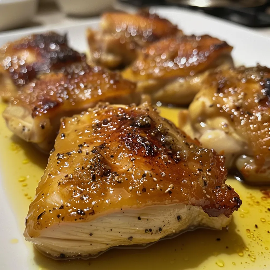 Close up de pollo con miel y mostaza, mostrando su jugosidad.