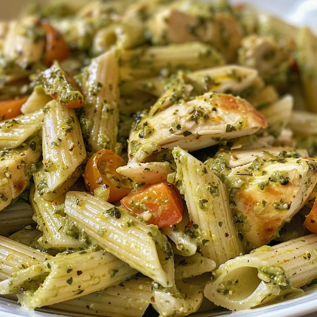 Primer plano de una ensalada de pasta con trozos de pollo, pesto y verduras frescas.