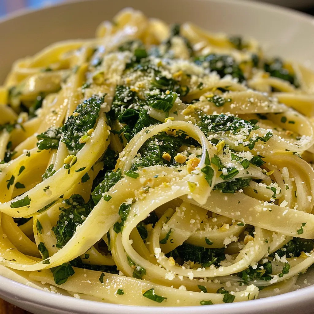 Salsa cremosa de espinacas sobre pasta tagliatelle en un plato blanco.