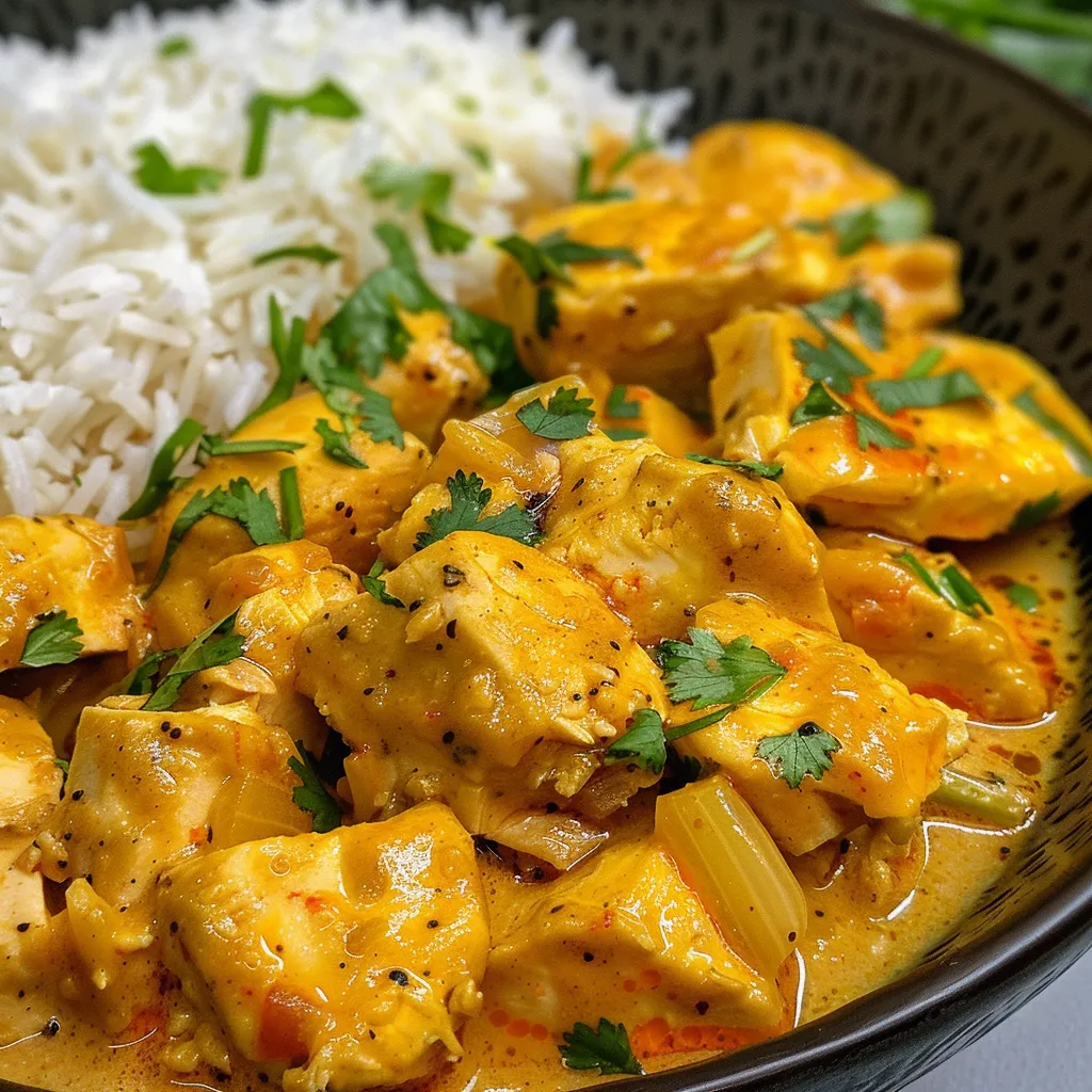 Pechuga de pollo al curry en salsa cremosa y vibrante.