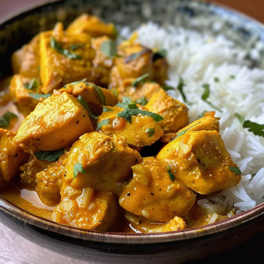 Primer plano de Pollo al Curry con ingredientes frescos.
