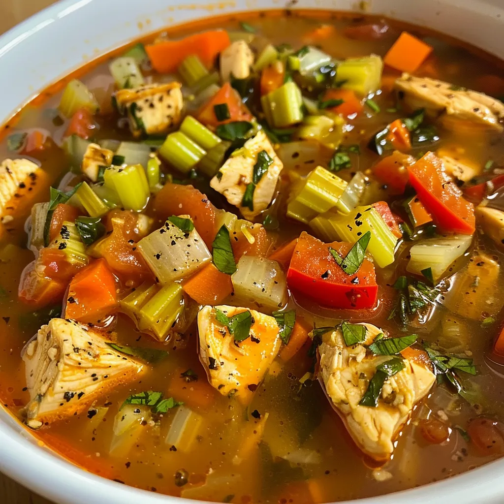 Sopas de pollo y verduras saludables en un tazón, vista lateral.
