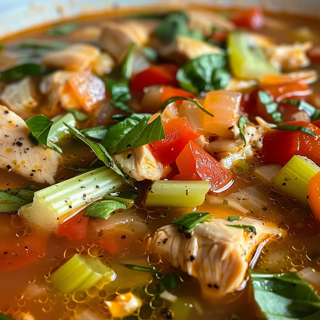 Sopa humeante de pollo con verduras frescas, vista cercana.