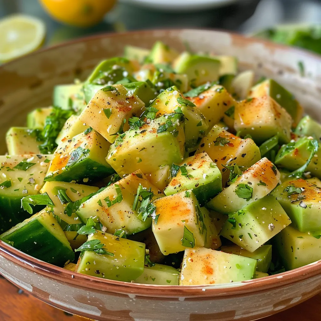 Ensalada fresca de pepino, aguacate y espinacas en un plato blanco.