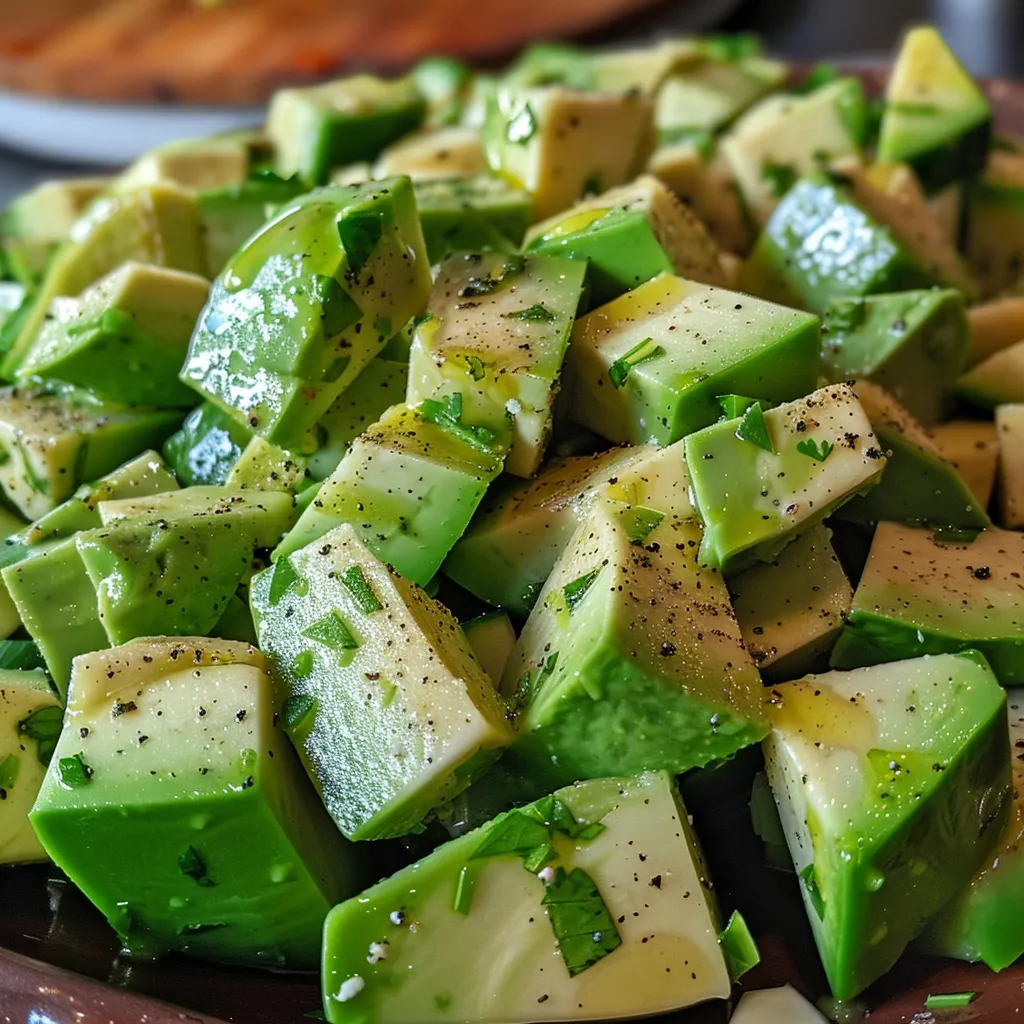 Primer plano de una ensalada colorida con rodajas de pepino y trozos de aguacate.
