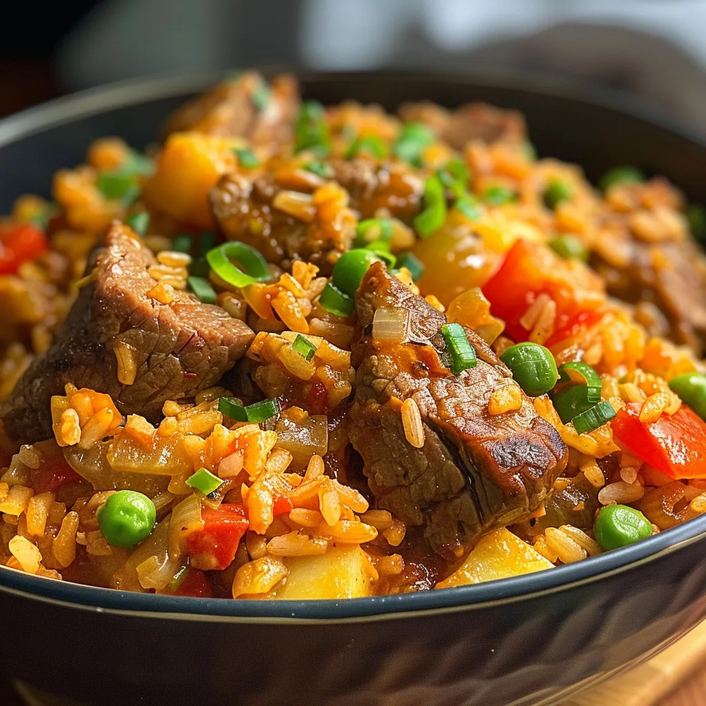 Guiso de arroz y carne en un plato, con vegetales frescos visibles.
