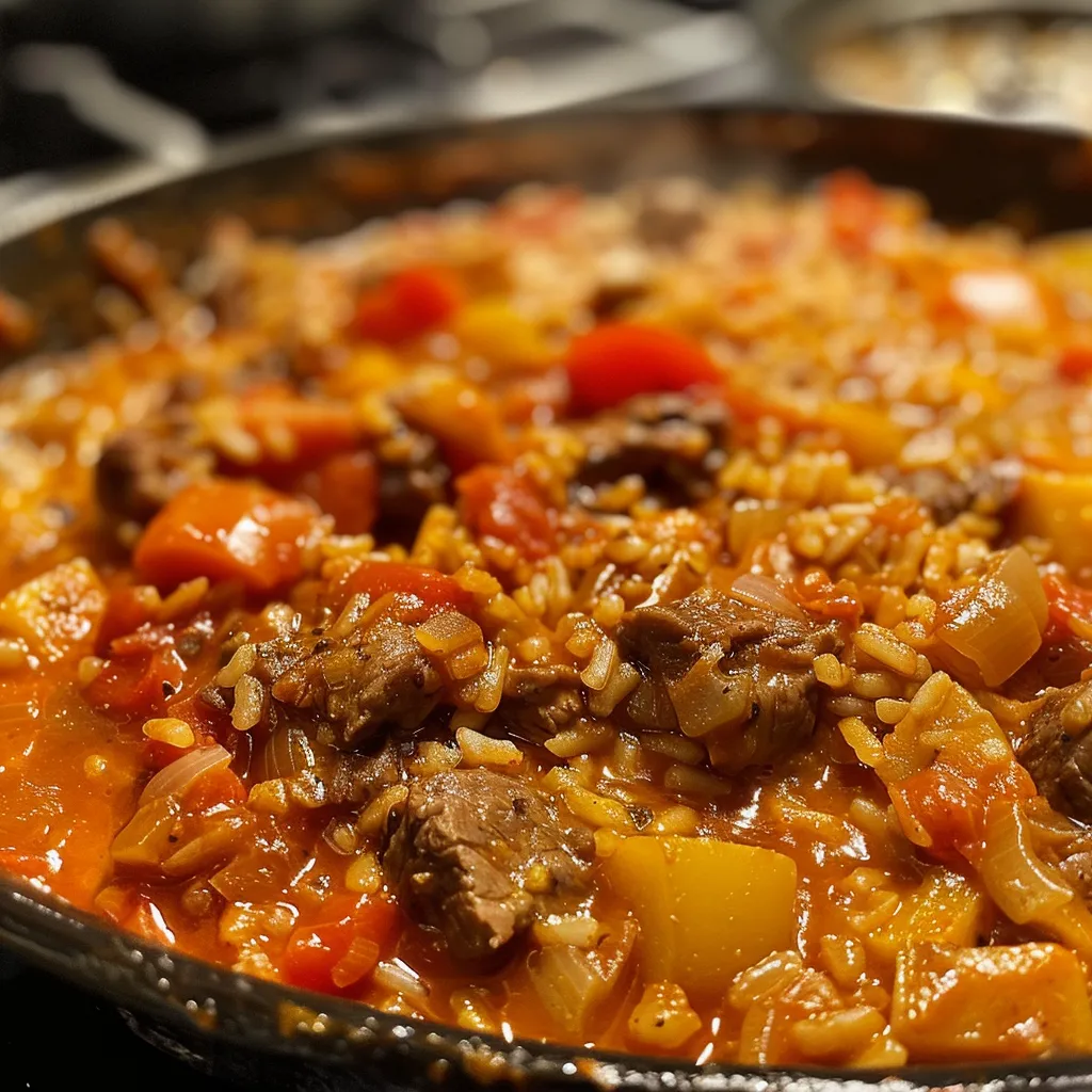 Primer plano de Guiso de arroz con carne, mostrando textura jugosa y colorido.