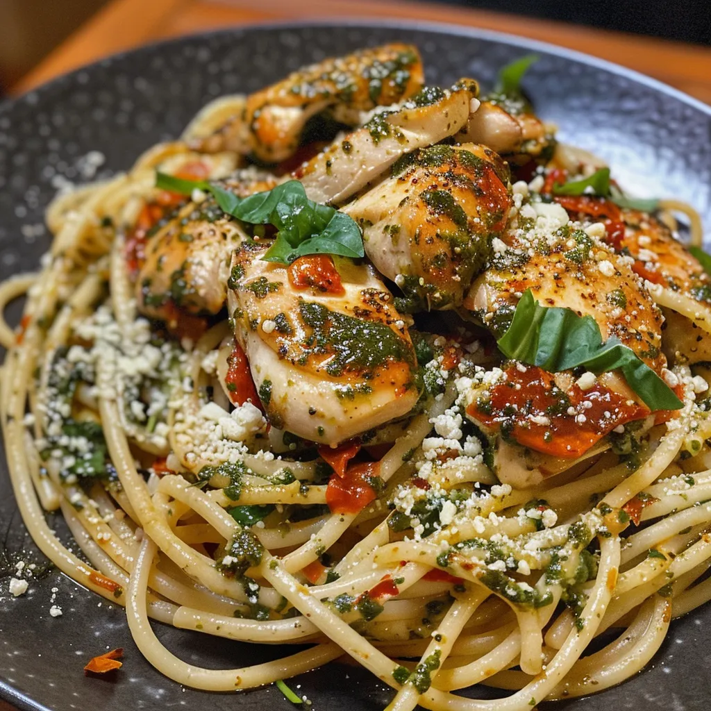Primer plano de un plato de pasta con pesto rojo y pollo, con ingredientes frescos.