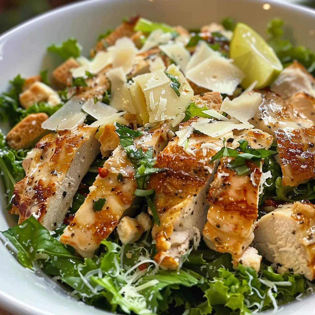 Ensalada César de pollo con lechuga romana y pollo en rodajas.