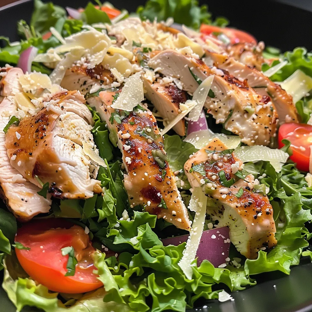 Primer plano de Ensalada César con ingredientes frescos y crutones.