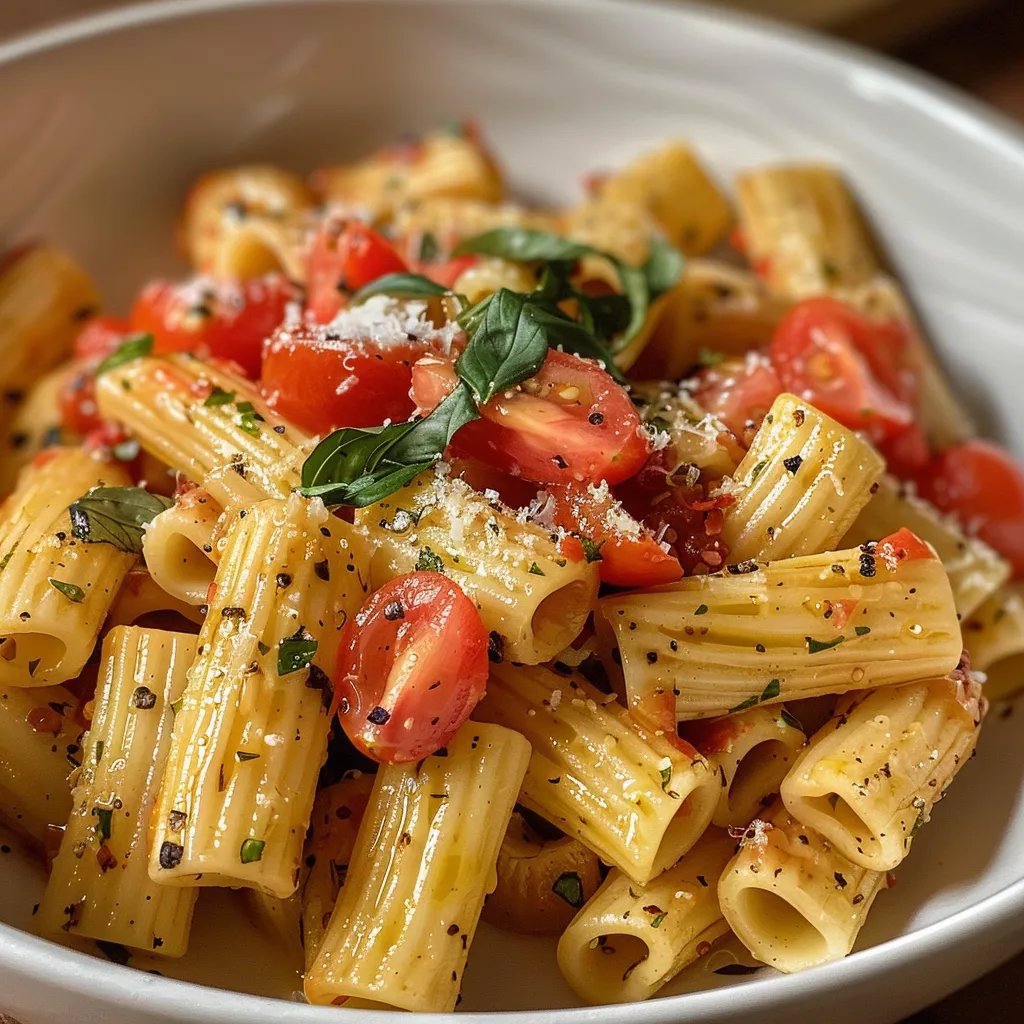 Primer plano de pasta rigatoni con salsa de tomate fresca.