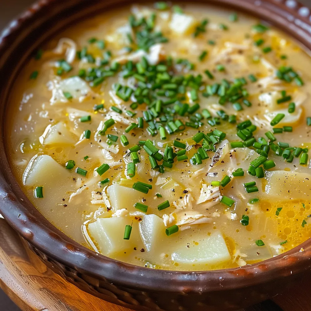 Primer plano de un tazón de sopa cremoso, decorado con cebollino.