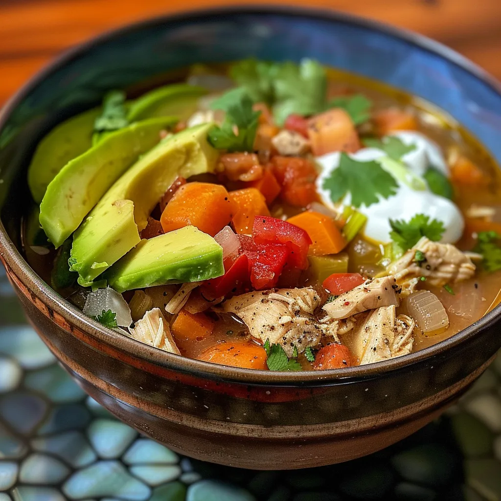 Primer plano de una sopa mexicana de pollo, adornada con cilantro y limón.