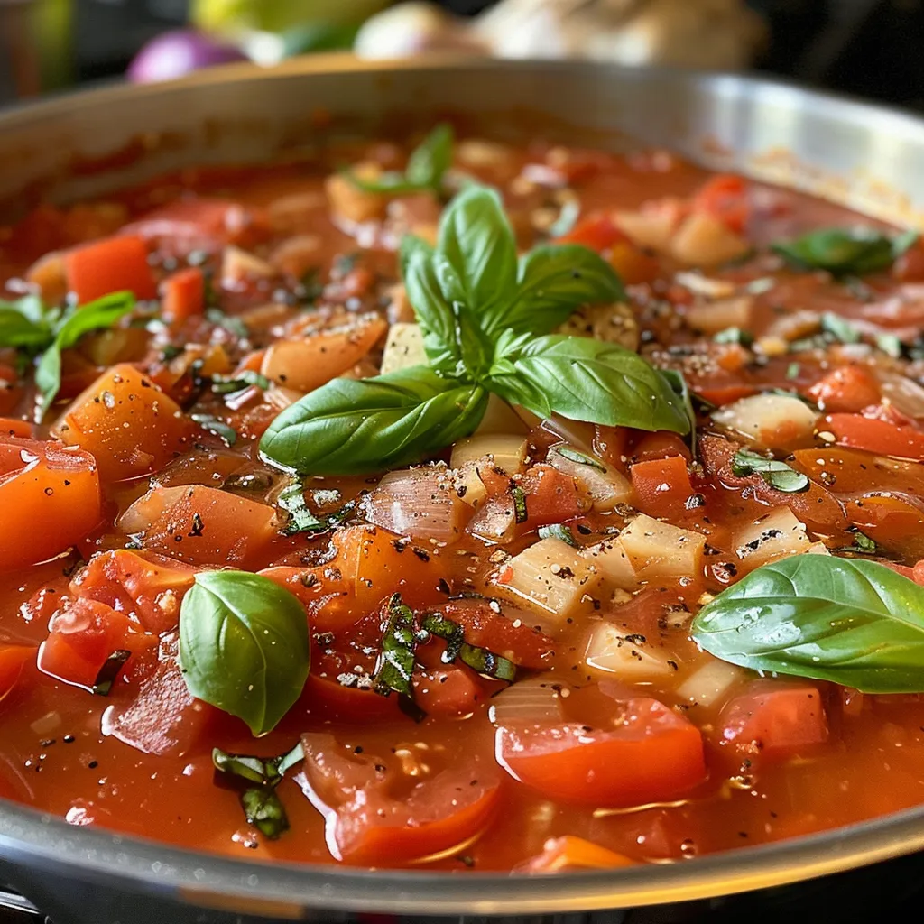 Sopa de tomate asada en un tazón, con albahaca fresca encima.