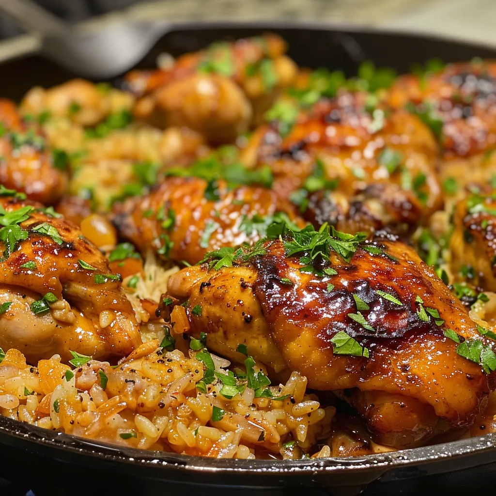 Tazón de arroz con pollo y miel en primer plano, mostrando piezas de pollo jugosas y arroz.