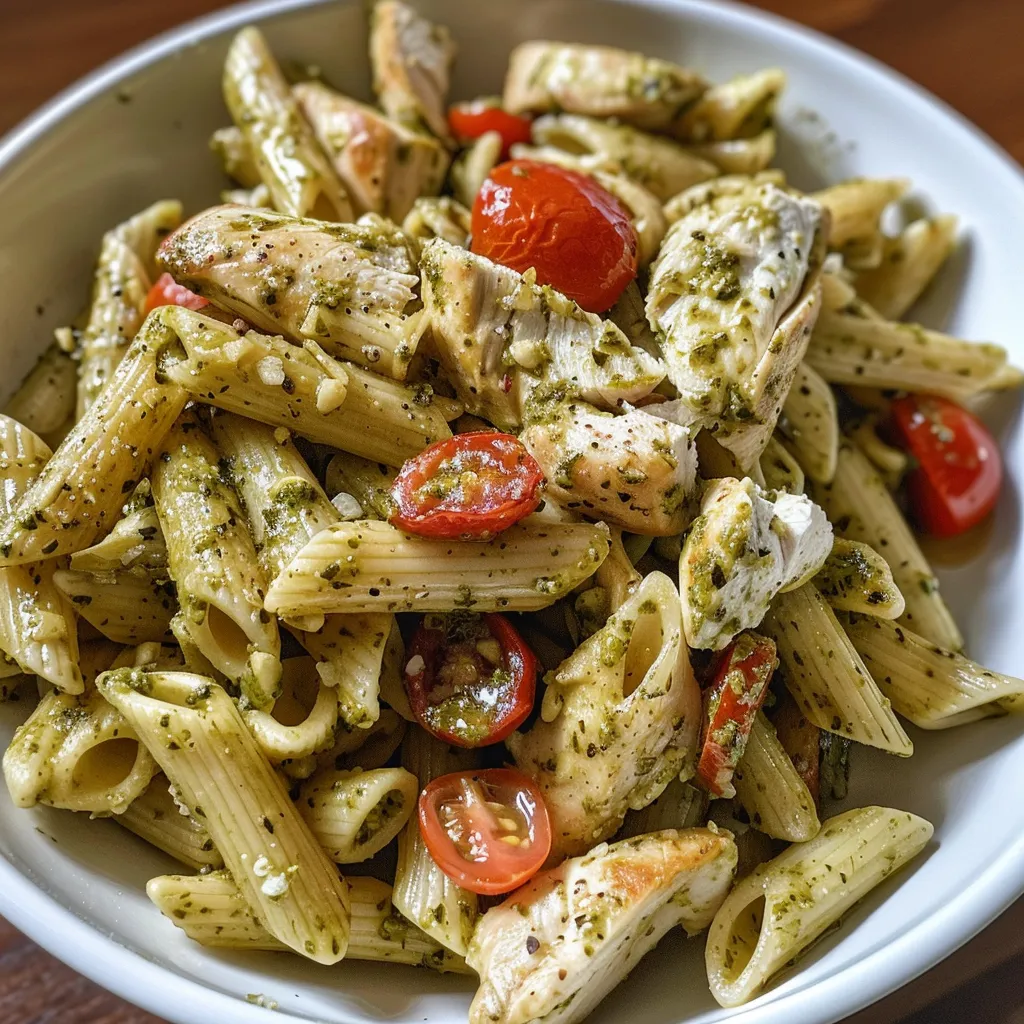 Close-up of pasta dish with grilled chicken, pesto sauce, and fresh basil.