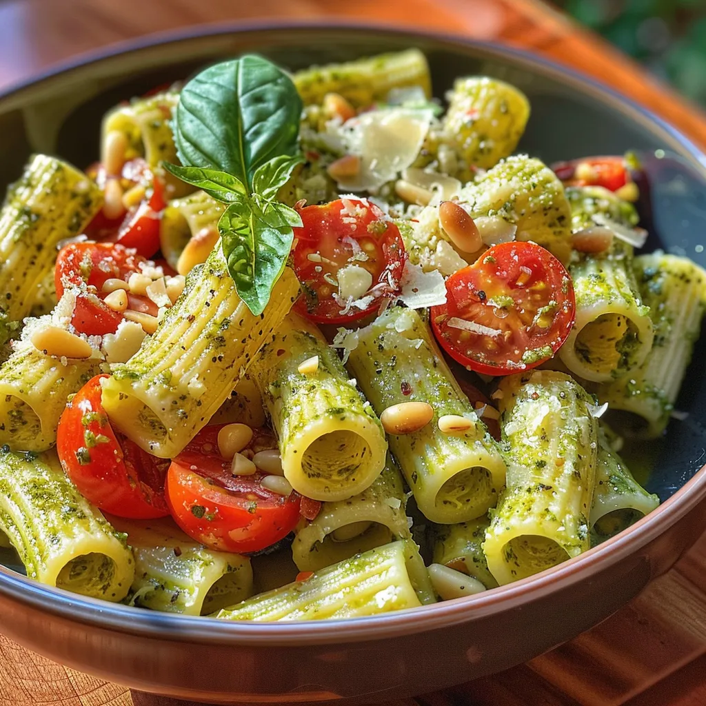 Placa de pasta pesto con tomates cherry, vista lateral, mostrando ingredientes frescos.