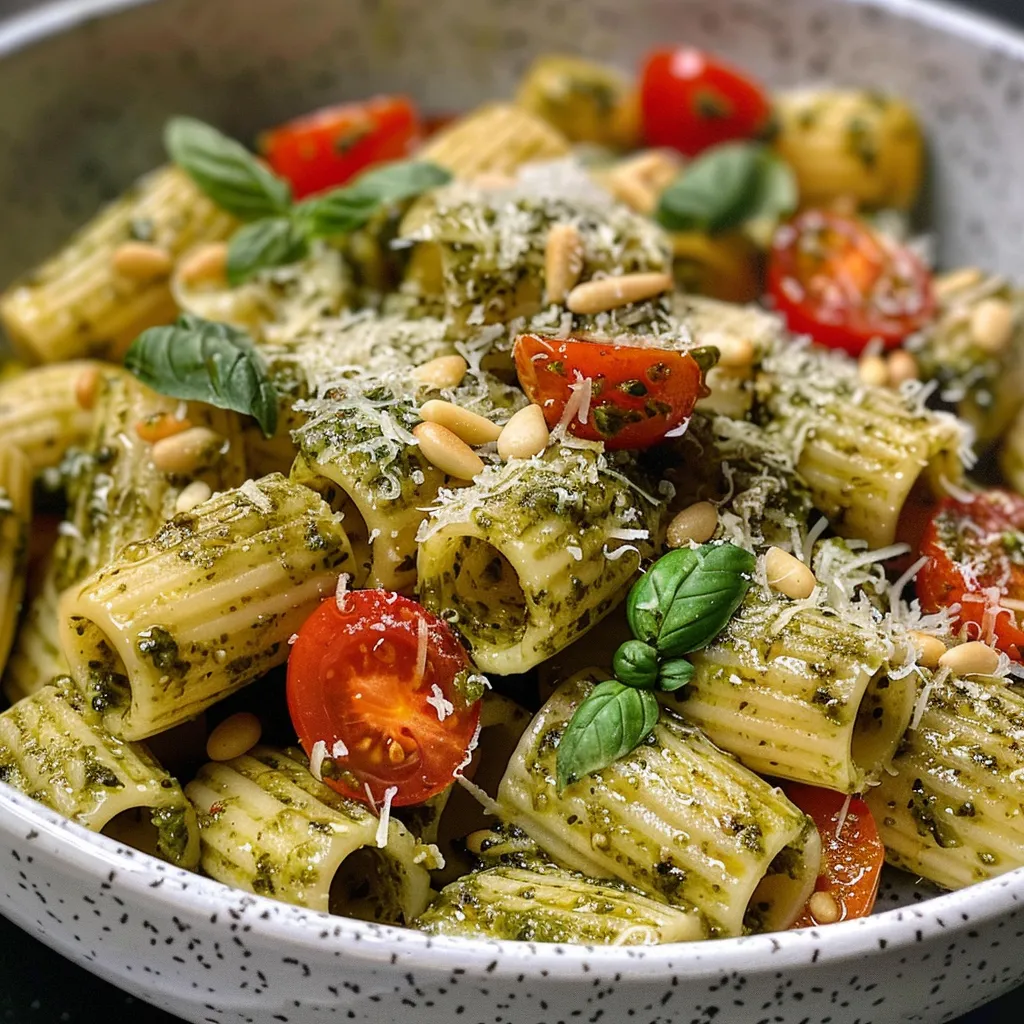 Primer plano de pasta pesto con tomates cherry, con un fondo borroso.