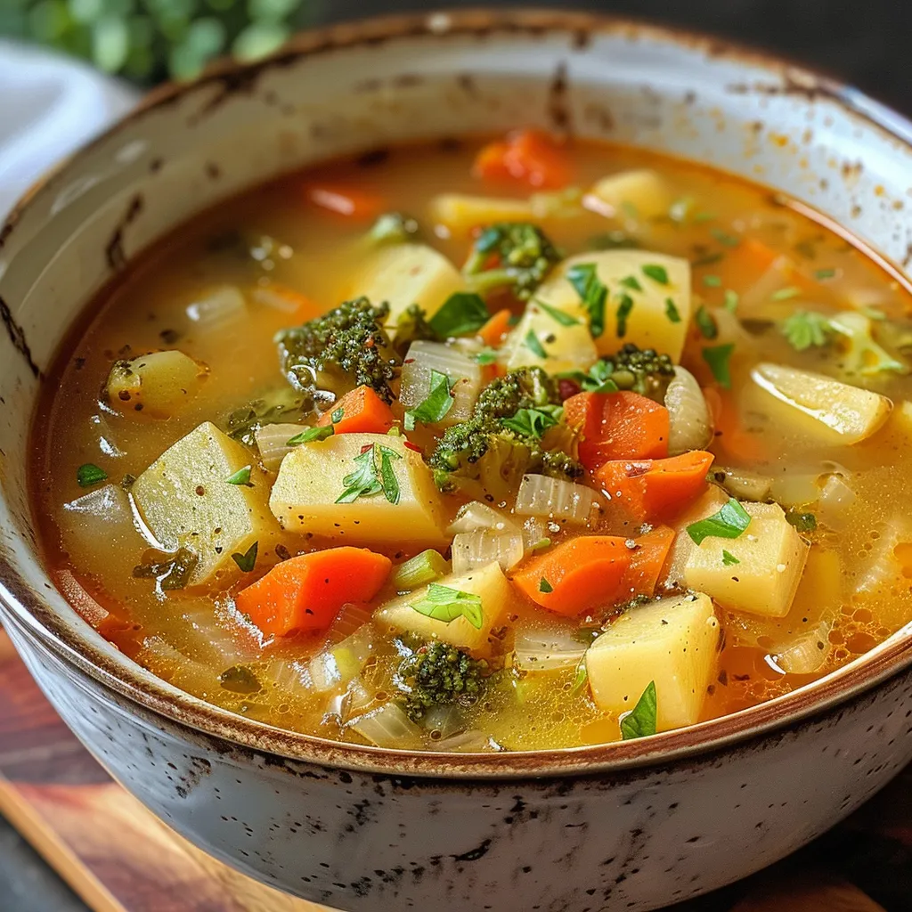 Sopa de Vegetales con zanahorias, brócoli y fideos, presentada en un tazón blanco.