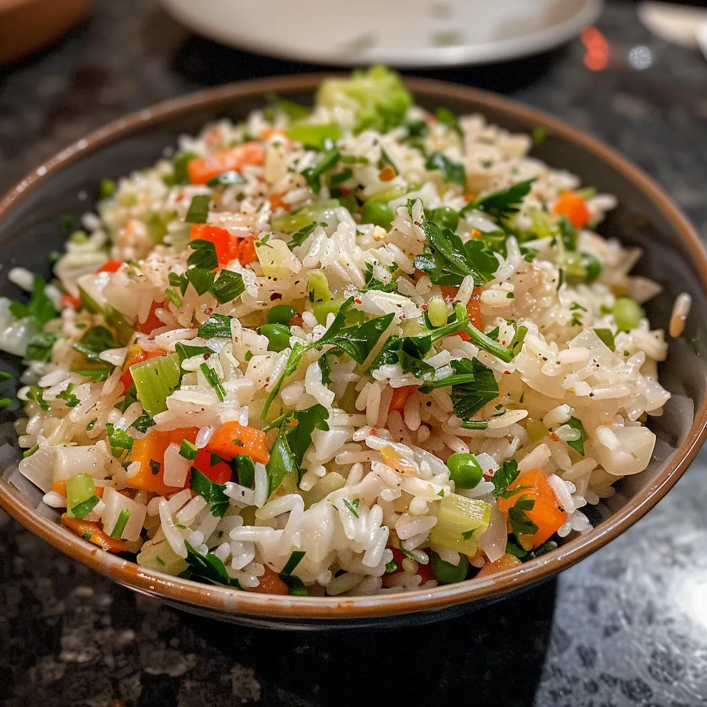 Close up de un delicioso arroz integral con trozos de zanahoria, brócoli y judías verdes.