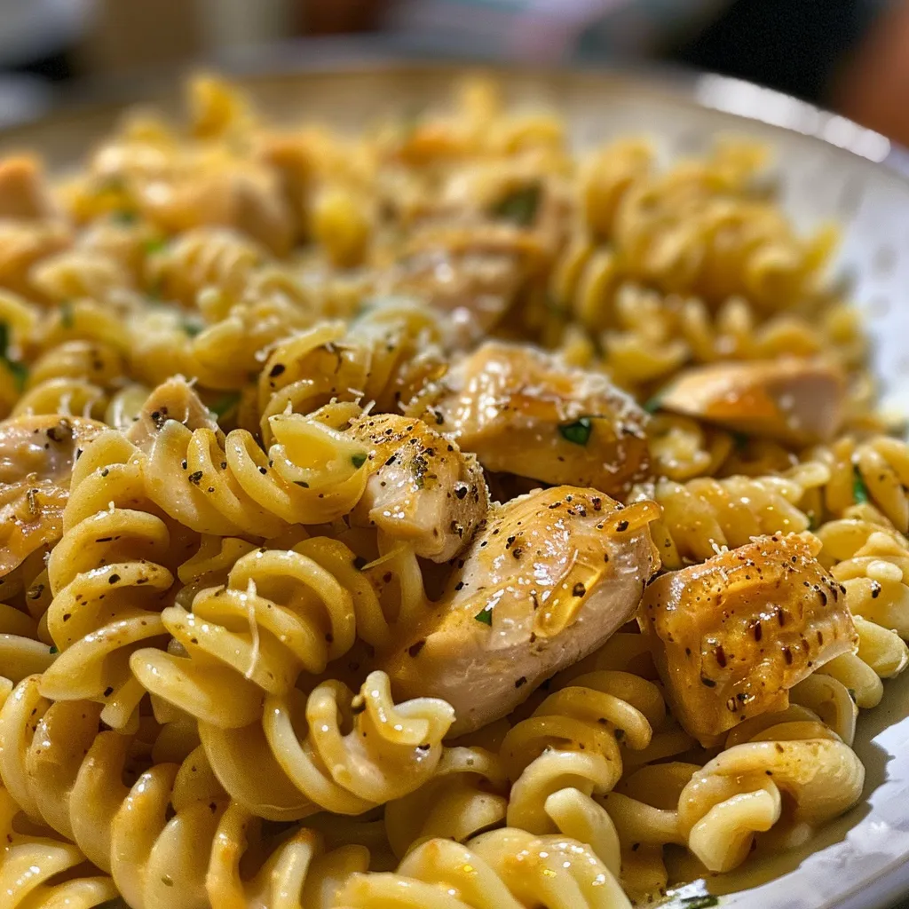 Placa de pasta con pollo y miel, mostrando fideos, trozos de pollo y salsa dorada.