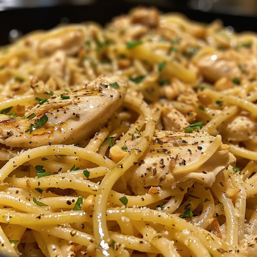 Primer plano de un plato de pasta con pollo y miel, con ingredientes frescos visibles.