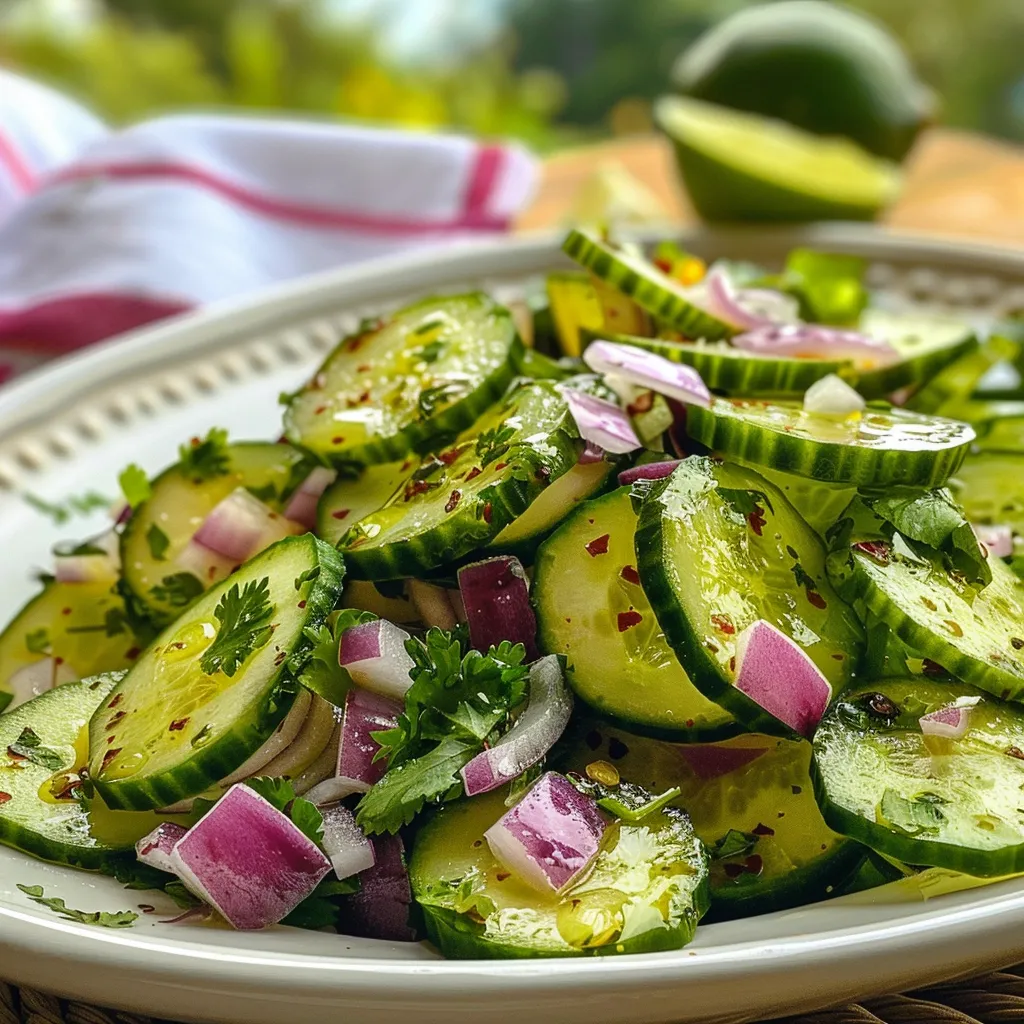 Ensalada de pepino con rodajas de cebolla roja y cilantro fresco.