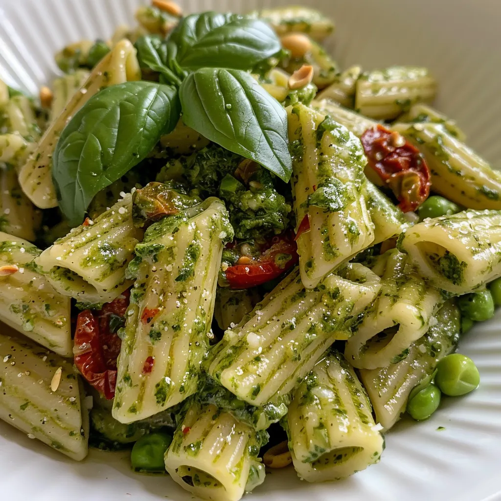 Pasta pesto de guisantes en un plato blanco, con un fondo neutro.