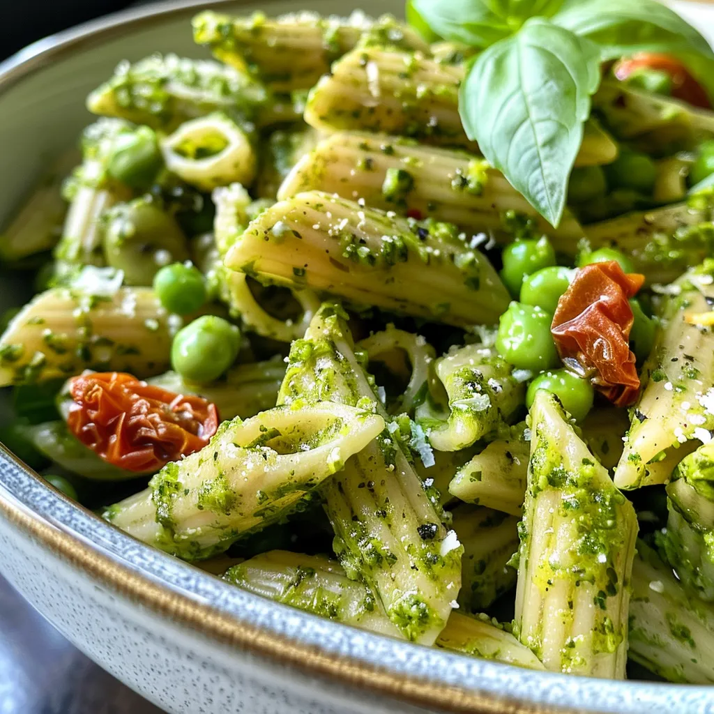 Primer plano de pasta con pesto verde y trozos de tomate seco.