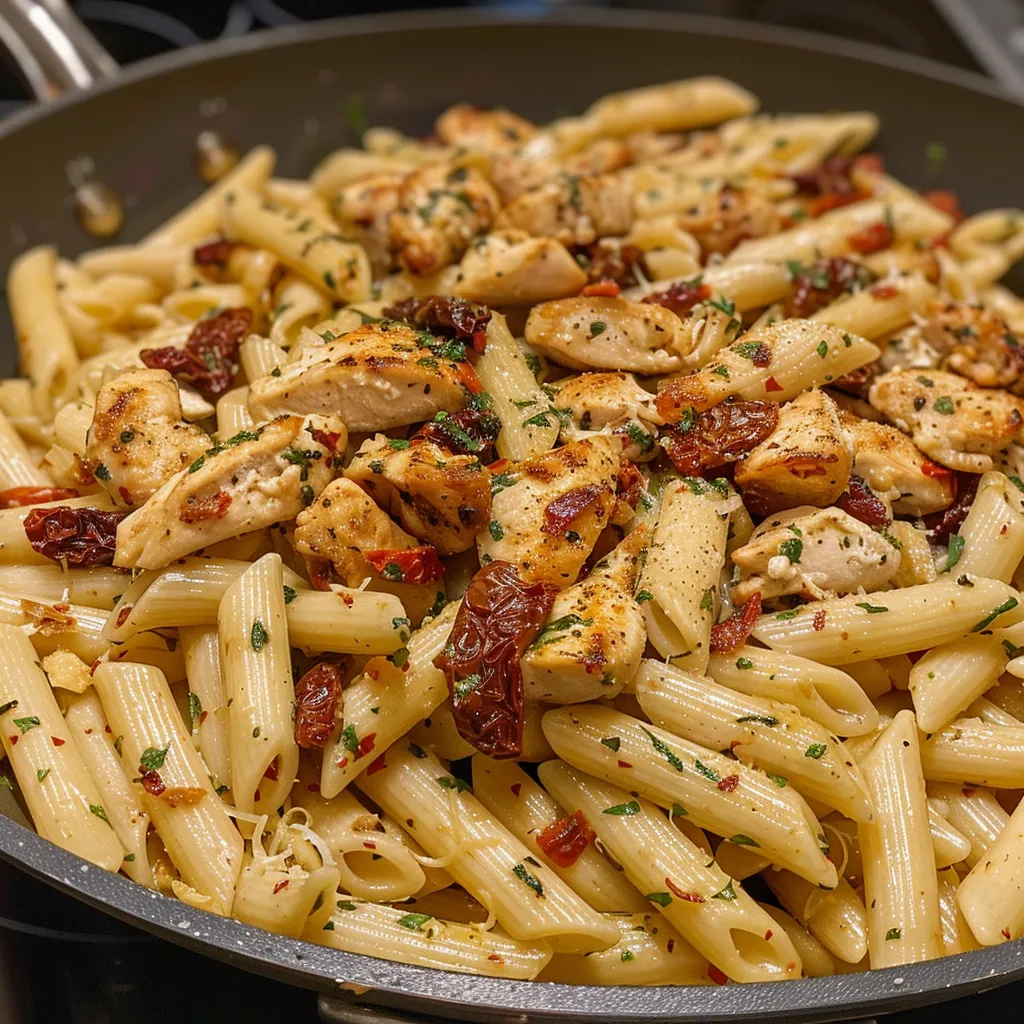 Plato de pasta penne con pollo y tomate seco, cubierto con salsa de mozzarella.
