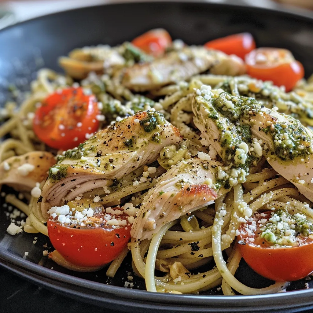 Placa de espaguetis con pesto, pollo y tomates cherry, vista lateral.