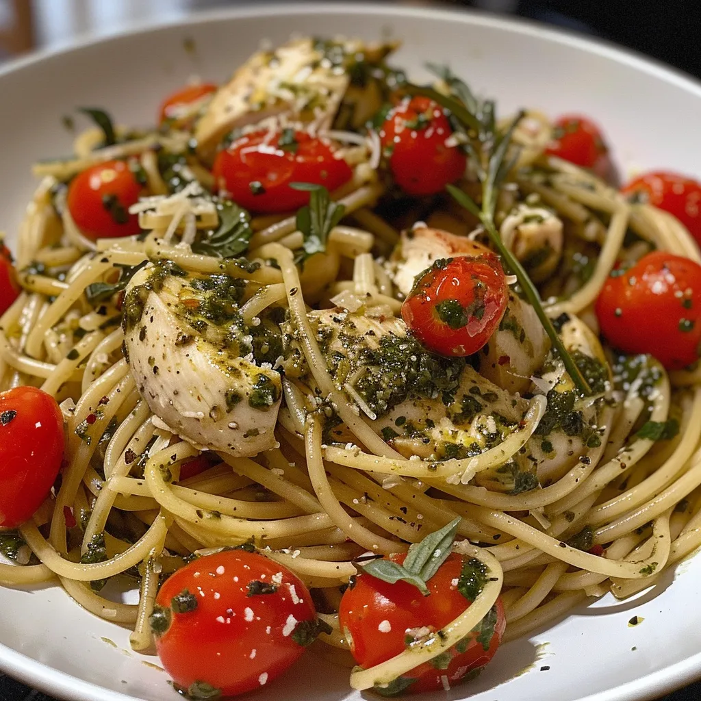Tazón con espaguetis, salsa pesto, trozos de pollo y tomates cherry brillantes.