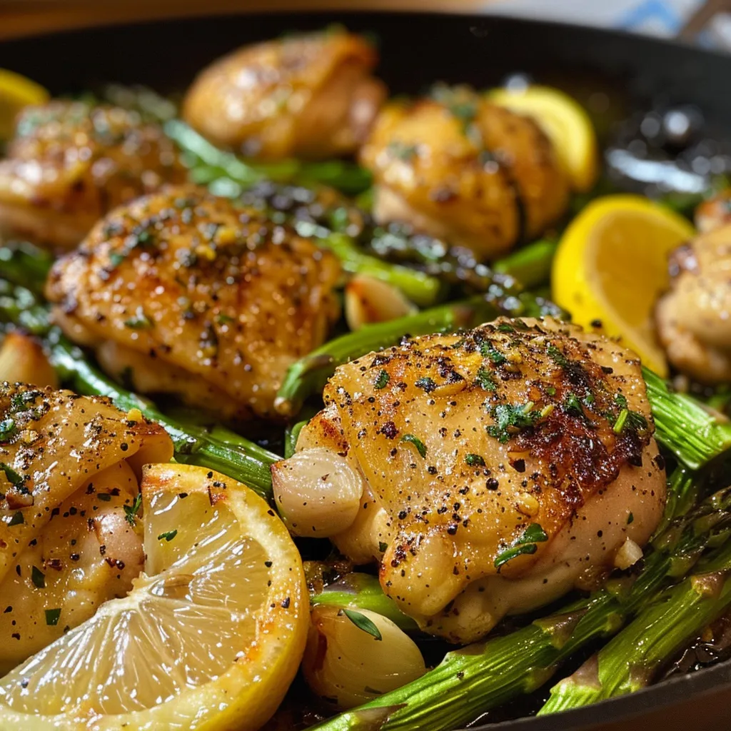 Vista lateral del plato de Pollo al Limón con Espárragos, con rodajas de limón y perejil decorativo.