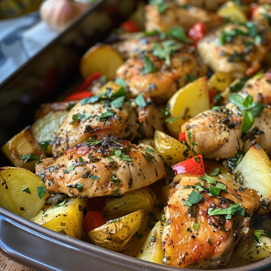 Pollo mediterráneo jugoso con verduras asadas en una bandeja.
