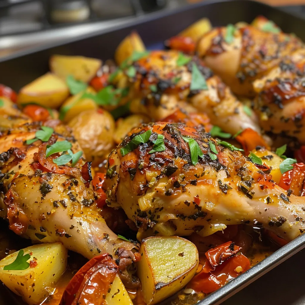 Vista lateral de un plato de pollo con calabacín, pimientos y cebolla.