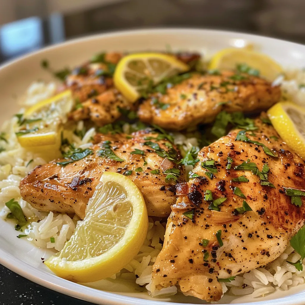 Platter of lemon chicken and rice with vibrant yellow tones.