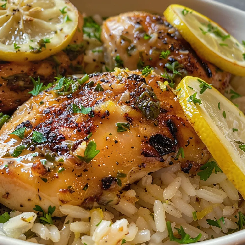 Close-up view of juicy pollo al limón served over fluffy rice.